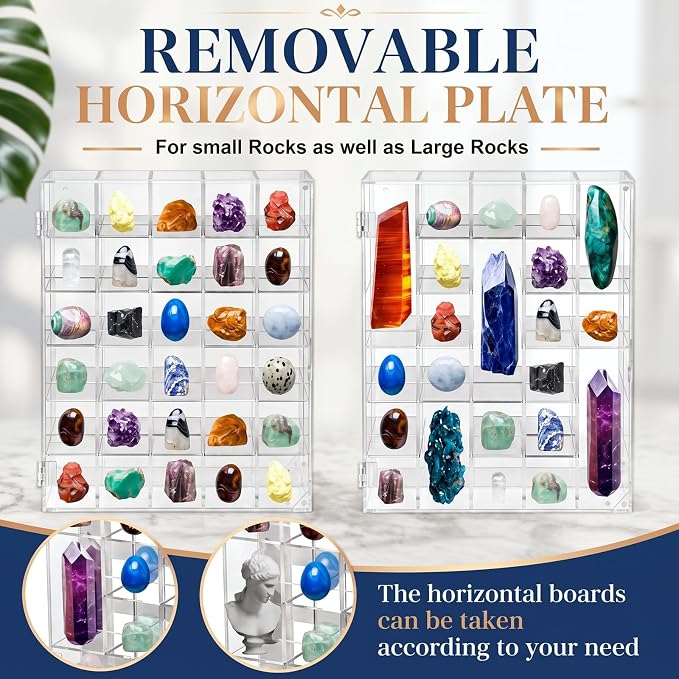 Cinnvoice Rock Display Case 30 Grids,Transparent Border,Square | Adjustable Acrylic Display Case, Crystal Organizer for Collectible, with Built-in Mirrored, Magnetic Door, Wall Mount
