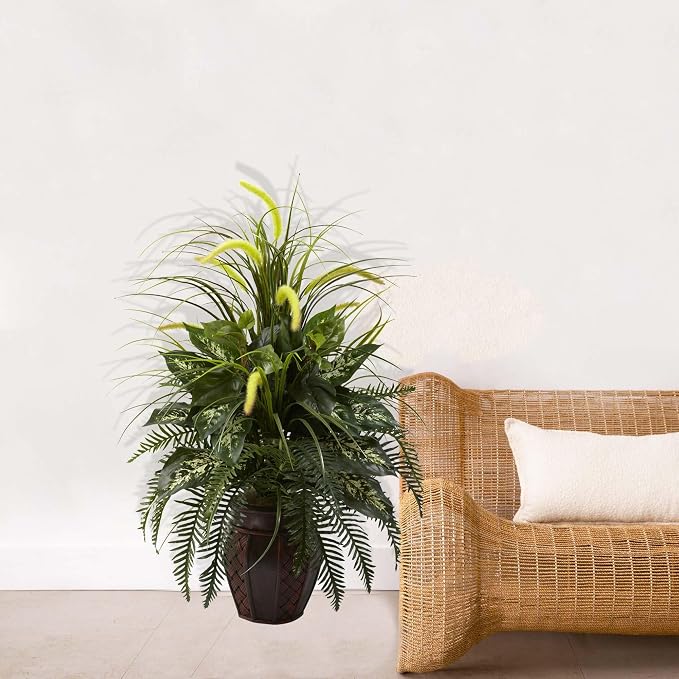 Nearly Natural 6727 3ft. Mixed Greens & Cattails with Planter, 26 x 26 x 36 inches, Green | Lush Lifelike Foliage, Maintenance-Free Maintenance, Decorative Planter Included, Home or Office Decor