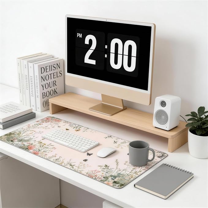 Cute Floral Aesthetic Wildflower Gaming Mouse Pad, Pink Macaron Desk Mat with Anti-Slip Base & Stitched Edges, Office & Home Desk Decor for Women, 35.4" x 15.7" in Computer Desktop Mat