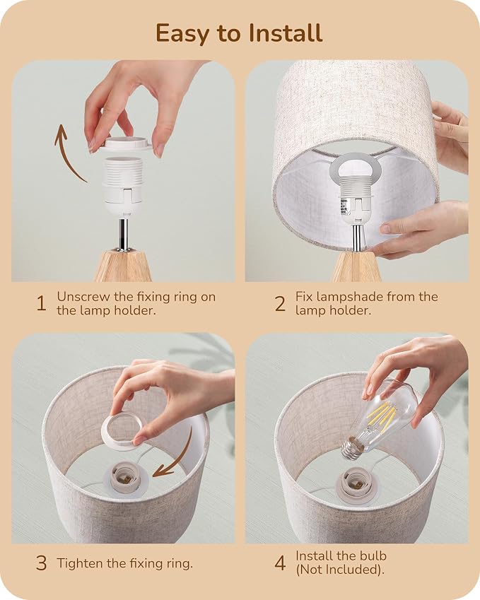 EDISHINE Small Table Lamp, Boho Bedside Lamp, Linen Fabric Shade, 14.2 Inch | ON/Off Switch, Wood Tripod Base, E26 Socket, Boho Nightstand Lamp for Living Room, End Table, Office