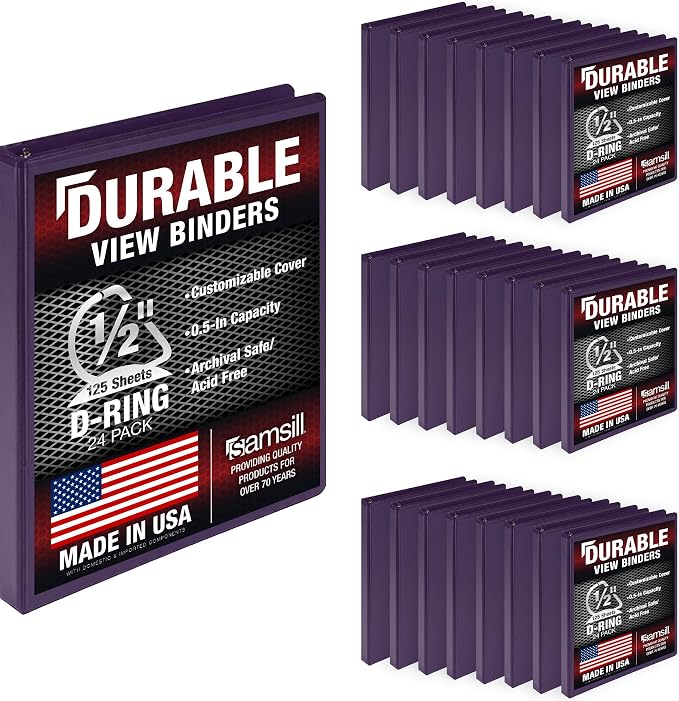 Samsill Durable 0.5 Inch Binder, D Ring Binder, Customizable Clear View Cover, White, 24 Pack, Each Holds 125 Pages