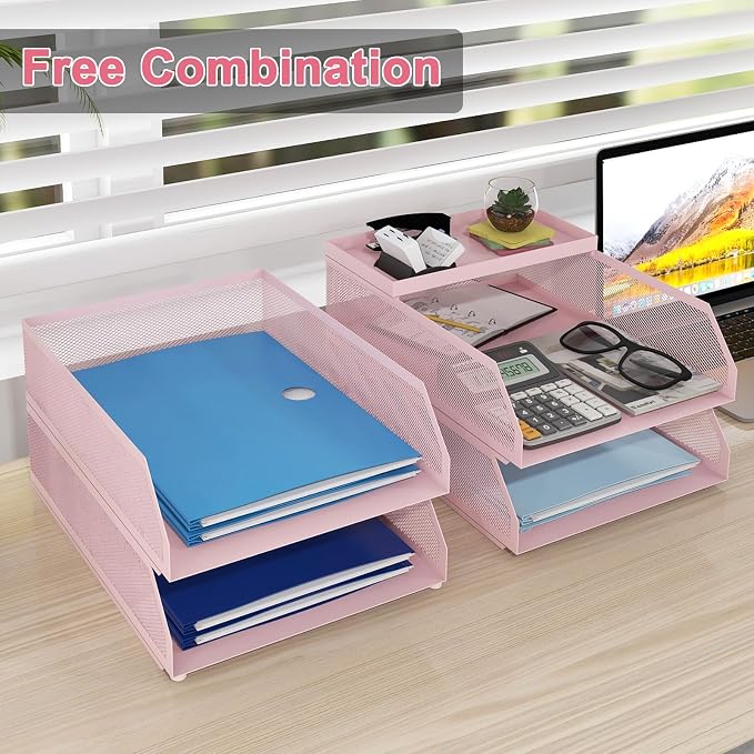 Natwind 4-Tier Stackable Metal Mesh Desk Paper Tray Organizer,Pink | Desktop Accessories for Office Supplies, Letter Tray For Paper Storage ,File Document Holder For Home School Classroom