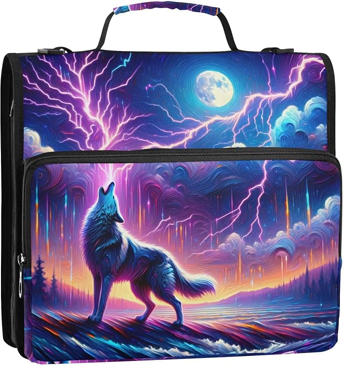 Galaxy Forest Wolves Zipper Binder Bag 3 Ring Binder with Shoulder Strap Zip Up 500 Sheets Capacity Multi Pockets for School Office Supplies