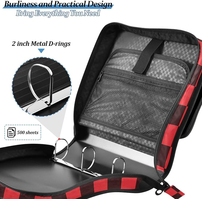 Black Red Checkered Pattern 3 Ring Binder Bag 1.5 inch Binder Organizer with Zipper Shoulder Strap 500 Sheet Documents Storage for School Office