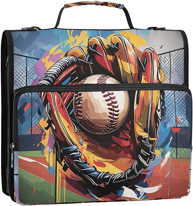 ALAZA Zipper Binder 3 Ring Baseball with Baseball Glove Binder Organizer with Zipper and Shoulder Strap Large Capacity Multi-Pocket Trapper Keeper File Folder for Office Supplies