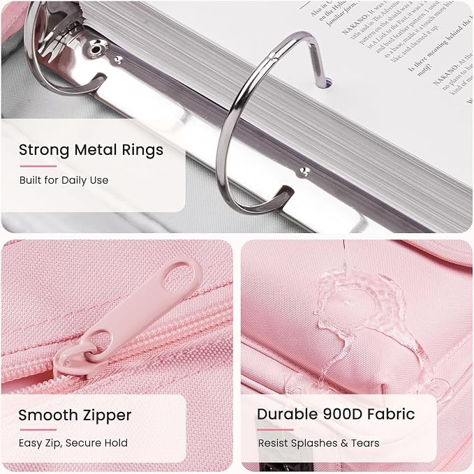 Sooez Zipper Binder Bag, 3 Inch 3 Ring Binder with D-Ring, Holds 900 Sheets | Cute School Binder with Shoulder Strap & Handle, Multi-Pocket Organizer for Middle School College Office Supplies, Purple