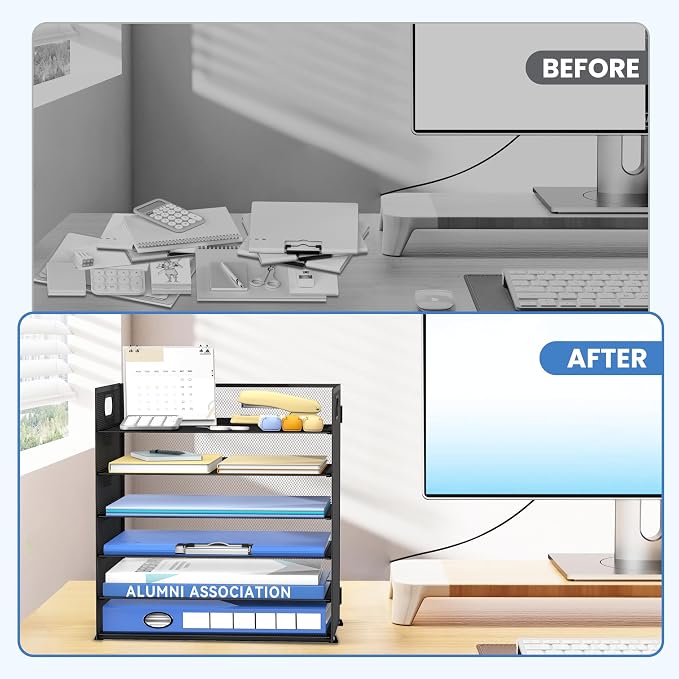 Daltack 6-Tier Paper Organizer for Desk with Handle, Black, 2 Pack | Sturdy Metal Mesh Organizer with Movable Middle Trays and a Carry Handle for Papers, Folders and Office Supplies