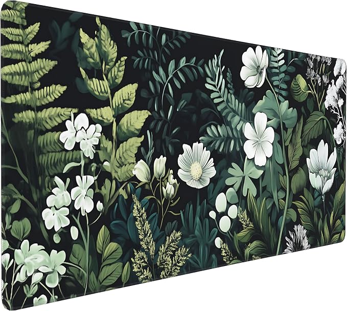Floral Aesthetic Wildflower Gaming Mouse Pad, Forest Green Moody Forest Desk Mat with Anti-Slip Base & Stitched Edges,35.4" x 15.7" in Table Mat for Computer Desktop, Beautiful Workstation Decor