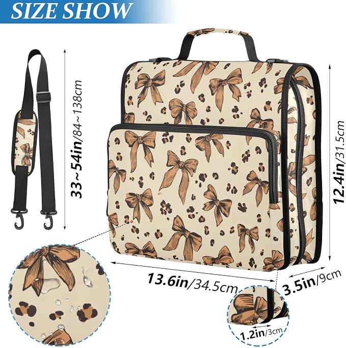 Aslsiy Zipper Binder Leopard Print 1.5 inch 3-Ring Binder Organizer Brown Bows with Shoulder Strap for School Office Supplies
