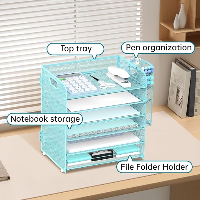 6 Tier Desk Organizer with 4 Pen Holders & Mesh Paper Trays Blue | 6 Tiers Paper Organizer, File Organizer Letter Tray with Handle for A4 Files, Folders, Mail and Office Supplies