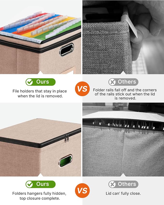 Oterri File Box Small 2-Pack Mesh Pockets Hanging Organizer for Letter-Size | Dustproof Lid. 3 Mesh Pockets. Collapsible Scratch-Resistant GRS Linen. Slide Rails. Office, Home, Dorm