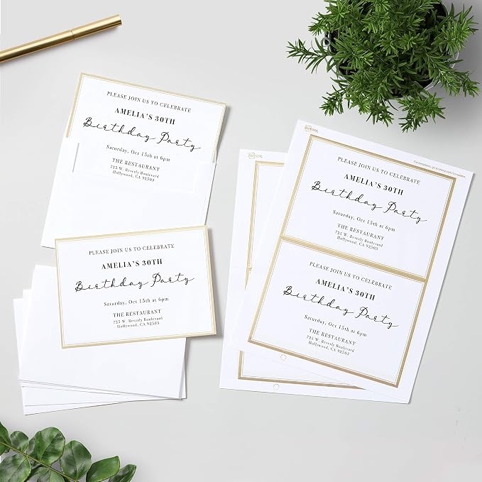 Avery Invitation Cards, Metallic Gold Borders, 5" x 7" Matte White, Laser/Inkjet Printable, 30 Cards and Envelopes (3325)