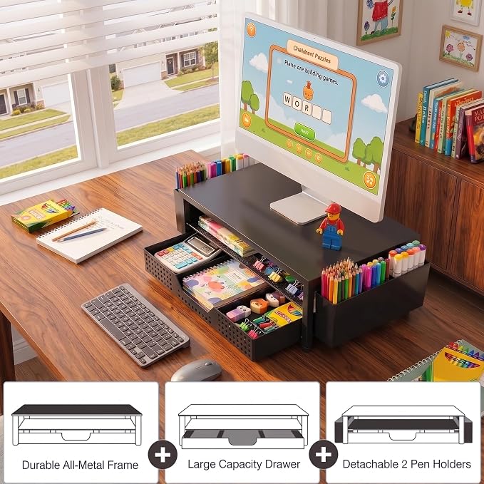 2-Tier Monitor Stand with Drawer, Metal Desk Riser, Black | Dual pen holders, storage shelf, keyboard space, home office, study desk, workspace organization