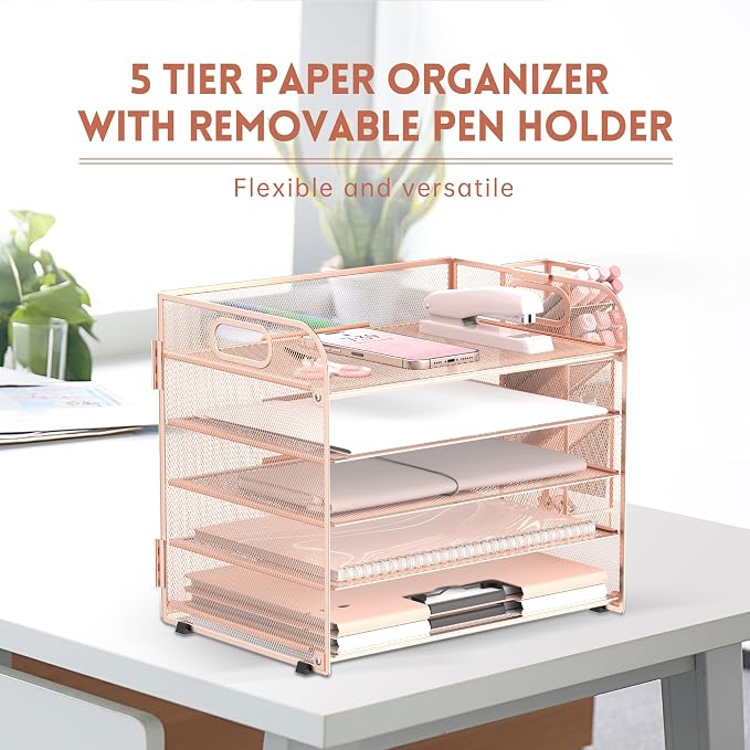 5-Tier Paper Organizer for Desk with Pen Holders, Letter Trays, Rose Gold | Metal Mesh Desktop File Organizer with Removable Trays and 2 Handles for Paper, Files, Mail, Folders in Office Home or School