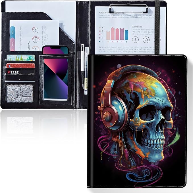 Padfolio/Portfolio Folder Clipboard,Padfolio Clipboard,Writing Portfolio Leather with Cover for Card Holder Slot Letter Size A4 for Office Conference Notepad Clip Boards,Skull with Headphones