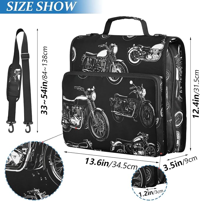 Fisyme Black White Motorcycles Zipper Binder 3 Ring with Zipper and Shoulder Strap Large Capacity Multi-Pocket Binder Organizer