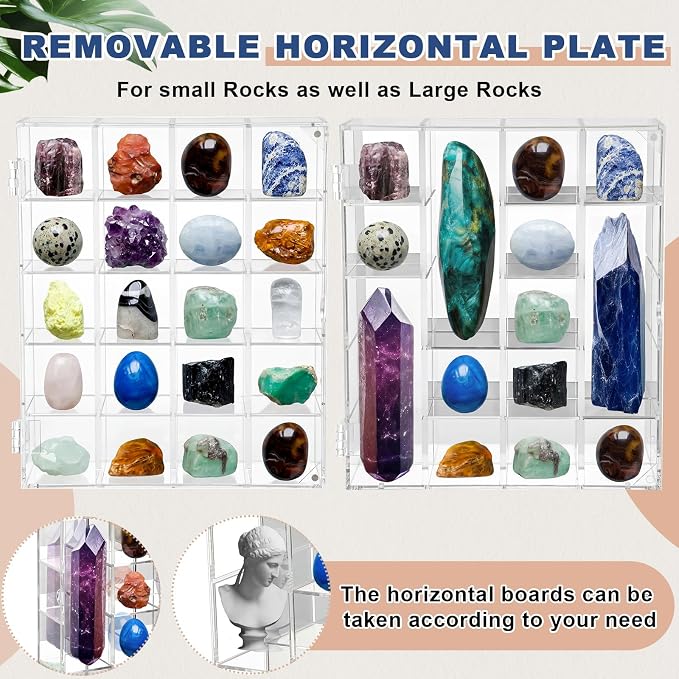 Cinnvoice Rock Display Case 20 Grids,Transparent Border, Square | Adjustable Acrylic Display Case, Crystal Organizer for Collectible, with Built-in Mirrored, Magnetic Door, Wall Mount