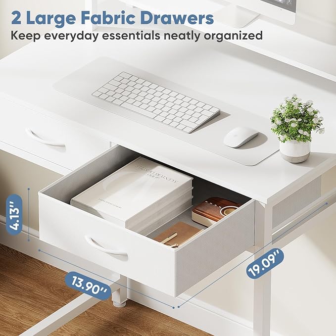 DUMOS 31-Inch Computer Desk with Drawers and Monitor Stand, White | Small Writing Desk for Home Office with Headphone Hook, Compact Study Table for Bedroom