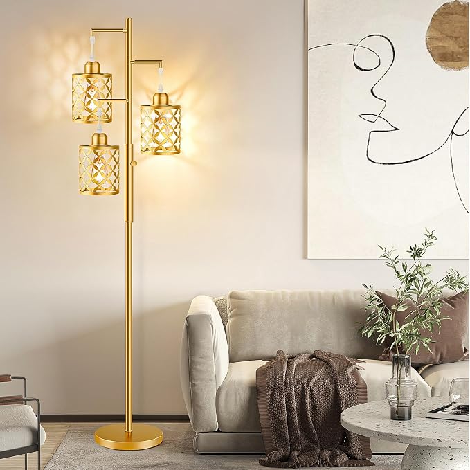 Dimmable Floor Lamp, Farmhouse Standing Lamp with Elegant Metal Cage, Industrial Tall Tree Floor Lamps for Living Room Bedroom Study Room Office, 3 x 800LM LED Bulbs Included - 68", Gold