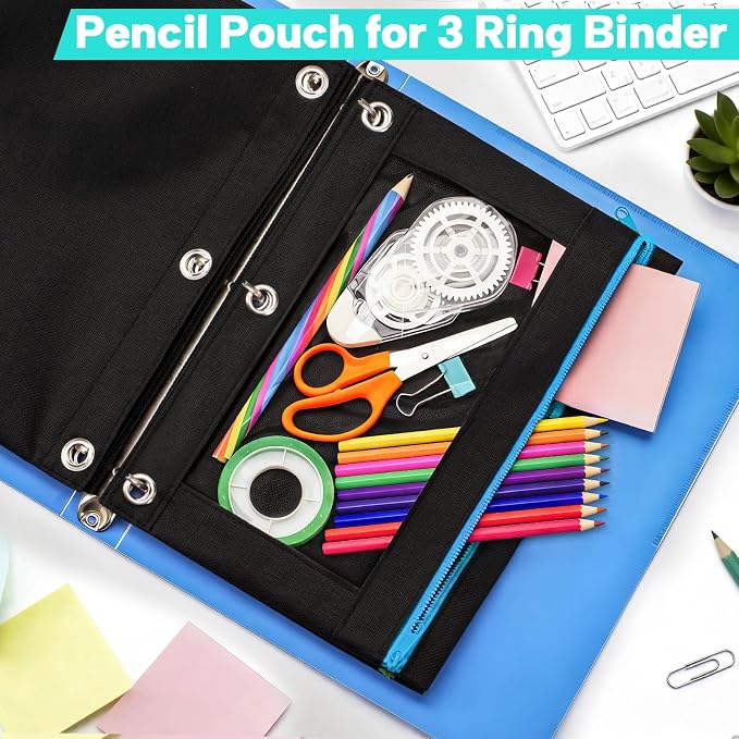 36 Pack Pencil Pouch for 3 Ring Binder Set in 6 Assorted Colors, Clear Window Heavy-Duty Fabric Pencil Case Pouch, Multi-Color Zipper Pencil Bags for Classroom and Office School Supplies
