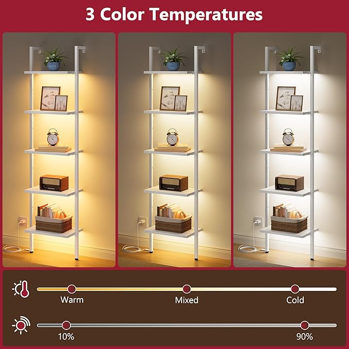 5 Tier Ladder Bookshelf with Light, Wall Mount Ladder Shelf White | Narrow Ladder Bookshelf with Storage, Thin Ladder Bookshelf with Metal Frame Ladder Shelf for Living Room, Bedroom, Office