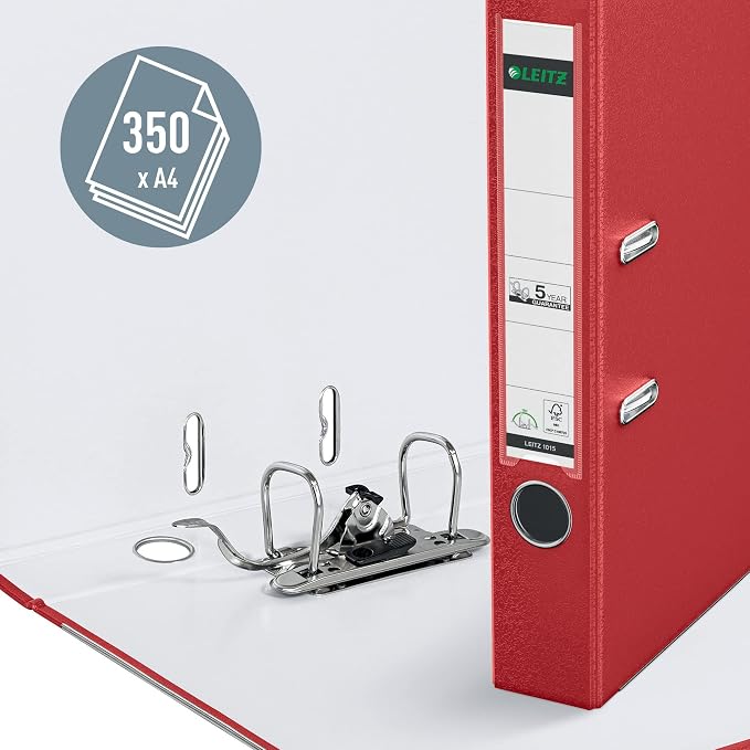 Leitz Plastic Lever Arch File, 90 Percent Recycled Card, 30 Percent Pre-Consumer Recycled Plastic, with Thumbhole and Rado Rings, 50mm Spine 350 Sheet Capacity, Red, 10151025