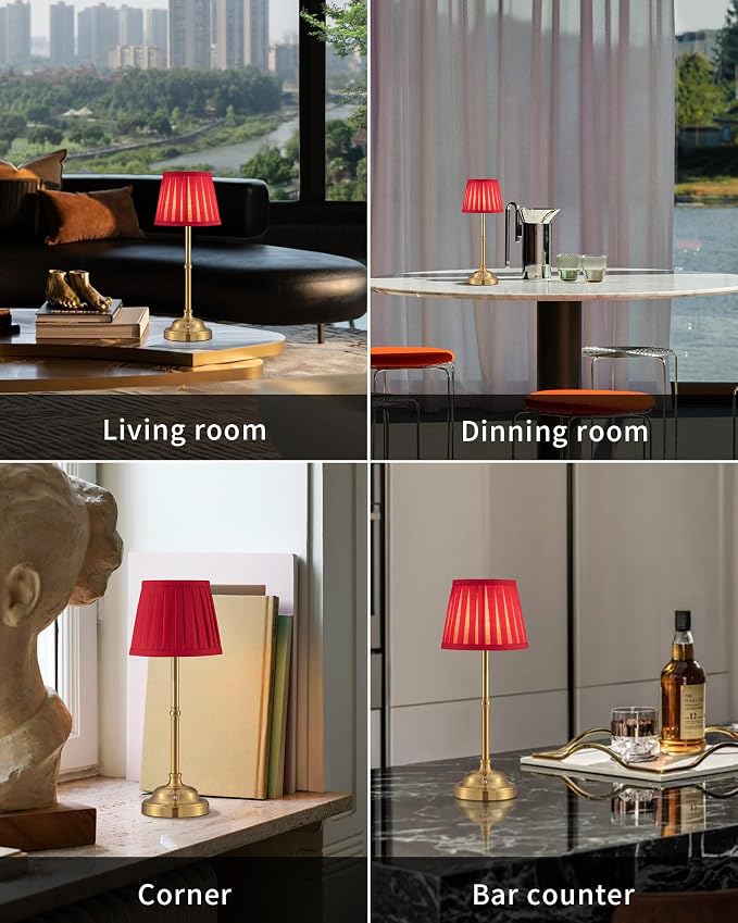 KDG Gold Cordless LED Table Lamps Set of 2, Red Fabric Shade Desk Lamps | Portable 4000mAh Rechargeable Battery Powered, Dimmable Lighting for Dining Room, Bedroom, Bedside, Night Light, Balcony