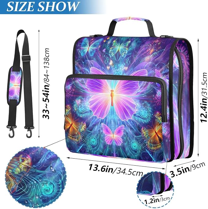 3 Ring Zipper Binder with Shoulder Strap Purple Butterflies 1.5 inch Binders Keeper Large Capacity Multi Pockets for School Office Supplies