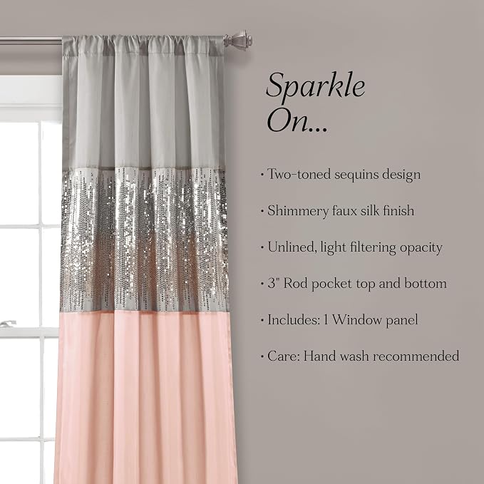Lush Decor Night Sky Window Curtain Panel, Single, 42" W x 84" L, Gray & Blush - Sequin Curtains - Sparkle & Color Block Design - Modern Glam Decor - Long Curtains For Bedroom & Living Room