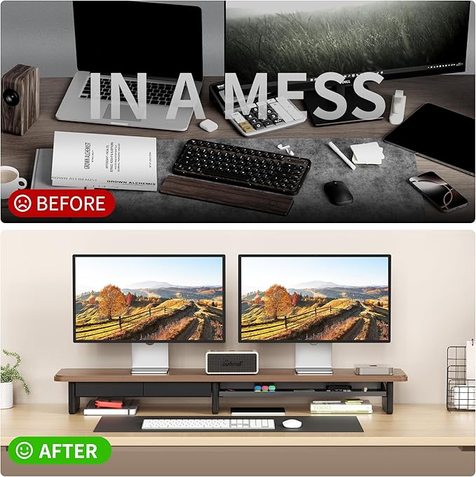 AFOOYO Large Dual Monitor Stand For Desk,43 Inch Desktop Computer Riser with Metal Drawer Desk Shelf Organizer For Computer/Laptop/PC/Printer/TV