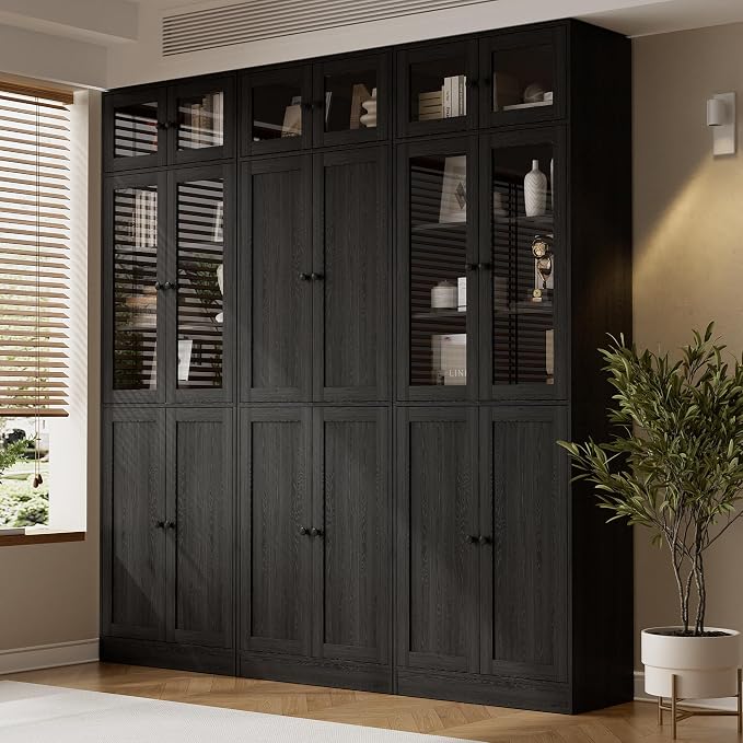 TUSY 85.5" Modern Tall Bookcase with Glass Doors, 7-Tier Wood Bookshelf with Storage for Home Office, Large Curio Cabinet for Living Room, Office, Bedroom, Family Room (Black, BCB)