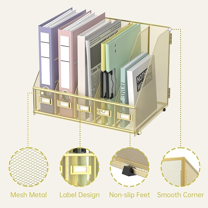 Desk Organizers Metal Desk Magazine File Holder with 5 Vertical Compartments Rack File Organizer for Office Desktop, Home Workspace, Gold Plus