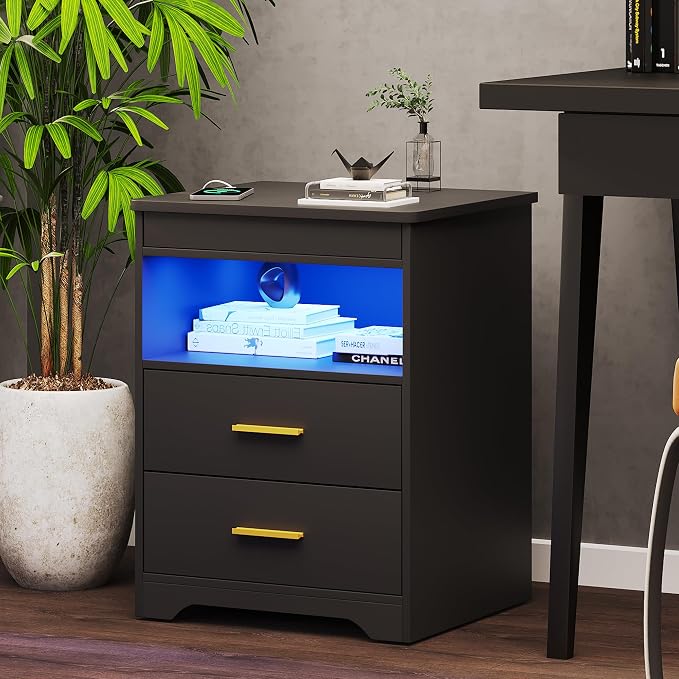 Night Stand with Gun Drawer, Charging Bedside Table with USB & Type-C Port, LED Nightstand with Human Sensor Light, Modern End Table with Drawers for Bedroom Office, Black