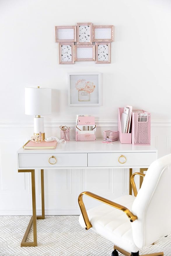 BLU MONACO | Pink Desk Organizer Set | 5 Piece Metal Office Desk Organizer with Hanging File Holder, Magazine Organizer, Pen Cup, Sticky Note Holder, Letter Sorter | Desk Organizers and Accessories