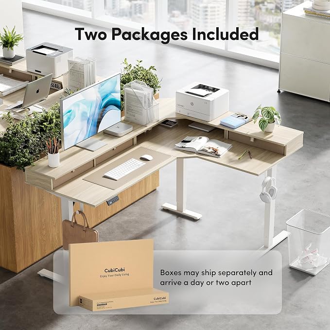 CubiCubi 63x48 Inches L Shaped Standing Desk with 3 Drawers and Monitor Shelf, Height Adjustable Corner Computer Desk with Hooks, Sit Stand Up Ergonomic Home Office Workstation Table, Light Walnut