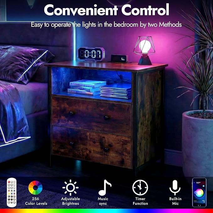 27 Inch LED Nightstand with Charging Station, 2 Drawers, Retro | RGB App Control, 2 AC Outlets & 2 USB Ports, Open Storage, Adjustable Feet, Wood Tall Nightstand for Bedroom or Office