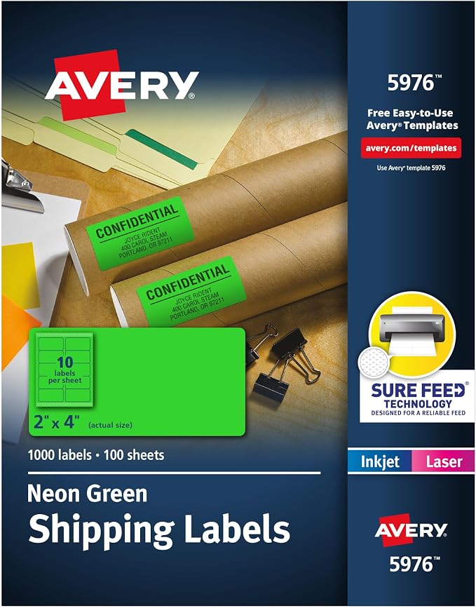 Avery Printable Shipping Labels with Sure Feed, 2" x 4", Neon Green, Laser & Inkjet Compatible, 1,000 Blank Labels Total, Great for Branding, Mailing, Organizing, and More (5976)