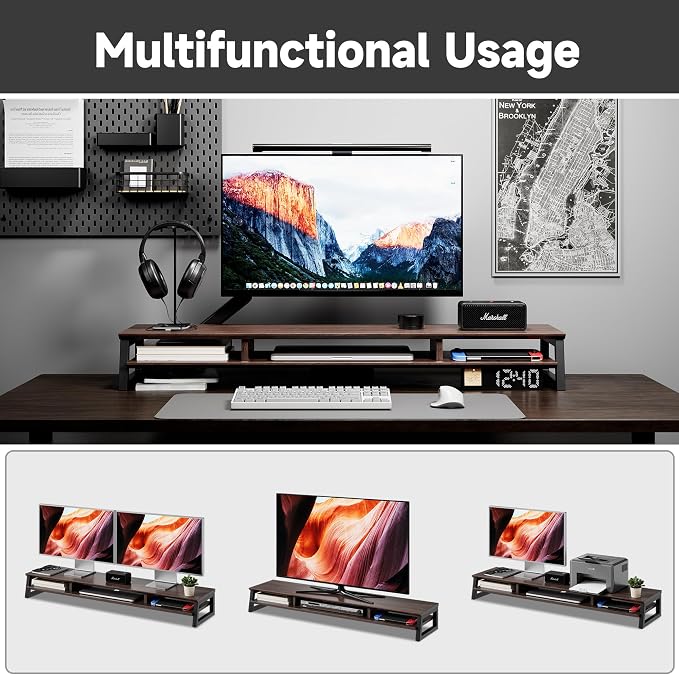 Dual Monitor Stand Riser for Desk, 41.7 Inch Large 2 Tier Computer Monitor Stand for 2 Monitors, Desktop Storage Organizer Shelf with Keyboard Space for Laptop PC Printer Brown