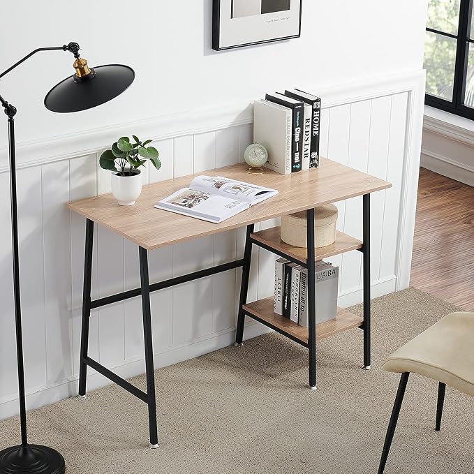 VECELO 43.1 Inch Computer Desk Home Office Oak Study Desk Work Office Table with Shelves Wooden Desk for Bedroom 2 Set