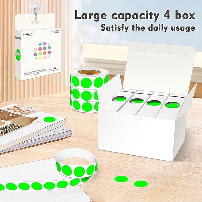 PARLAIM 3/4 Inch Roll Color Coding Labels,4000 per/4 Rolls Round Adhesive Color Coding Circle Dot Stickers for Office Home (Fluorescent Green)