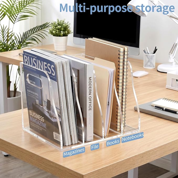 Acrylic Magazine File Holder, 4 Vertical Clear File Organizer Desk Organizer, Compartments Desk Document Sorter, Stores Books, Magazines, Notebooks, Multi-purpose Document Organizer for Home, Office