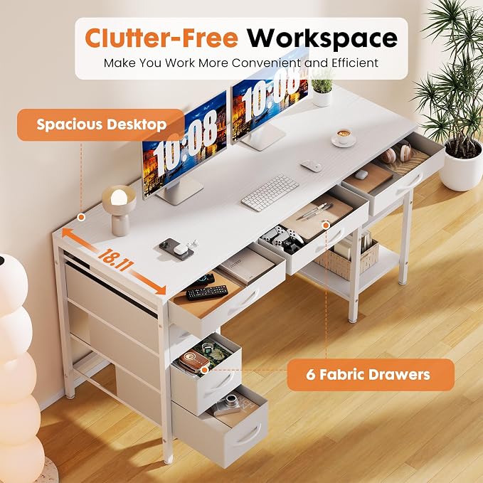 Sweetcrispy 47" Computer Desk with 6 Fabric Drawers & Storage Shelves | Reversible Gaming Desk, Office Desk, Computer Workstation, Corner Desk with Storag, Home Office, Living Room, White