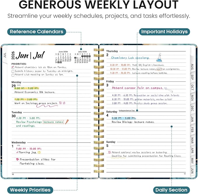 Planner 2026-2027, Monthly & Weekly Jul 2026-Jun 2027 Academic Planner | 8.5" x 11", Hardcover Spiral Calendar Planner with Tabs, School & Daily Agenda for Women, Students, Teachers, Golden Dusk