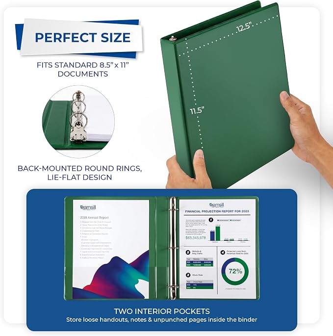 Samsill 1.5 Inch 3 Ring Binders, Economy Round Ring, Clear View Cover, 325 Sheet Capacity - for School, Home, Office - Green, 12 Pack