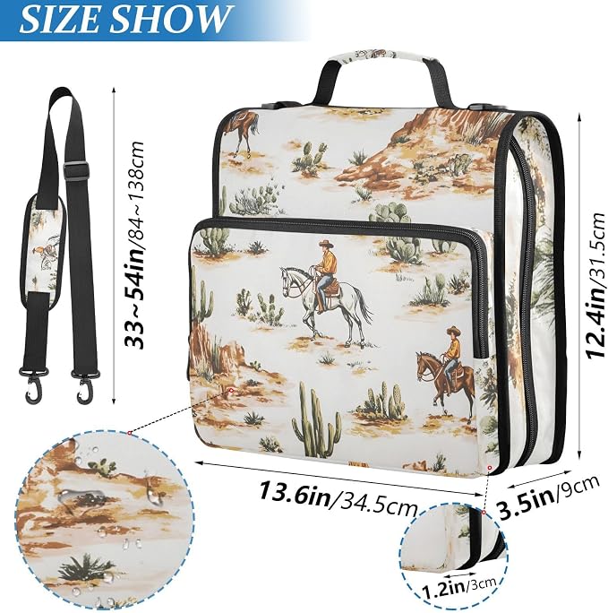 3 D-Ring Zipper Binder Bag, Western Cowboy Horse Cactus Removable Binder with Zipper Case Hold 300+ Sheets& 13 Inch Laptop for School Office Supplies Organizer