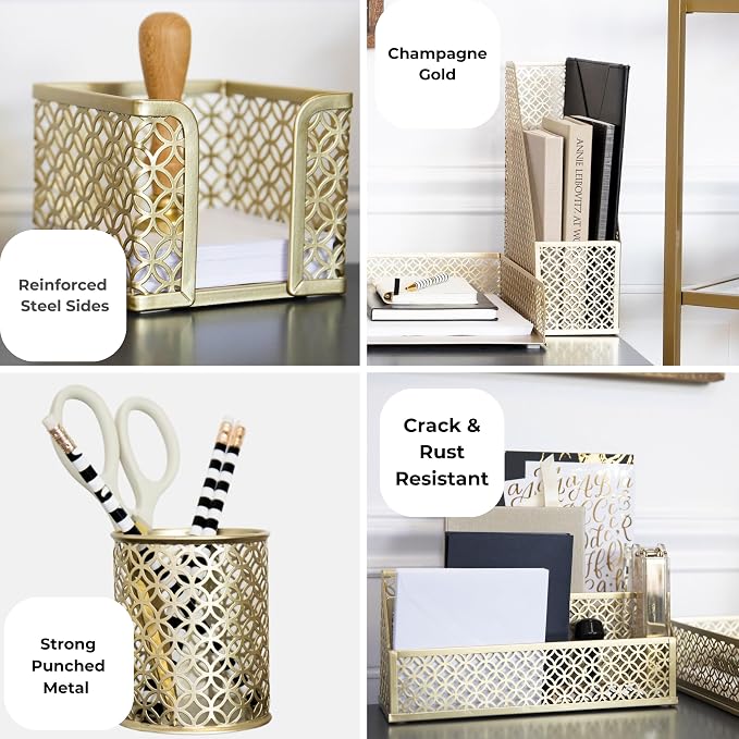 BLU MONACO | Gold Desk Organizer Set with Mail Sorter, Sticky Note Holder, Pen Cup, Magazine Holder, Letter Tray & Business Card Holder | Stylish Desk Accessories for Women & Home Office Décor