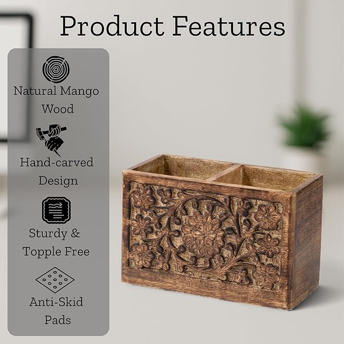 Mie Creations 2 Slot Rustic Pen Holder, Wooden Office Organizer 6'' | Large Pencil Stand for Desktop Table, Floral Handcarved Wood Desk Accessories, Multipurpose School Study Home Supplies
