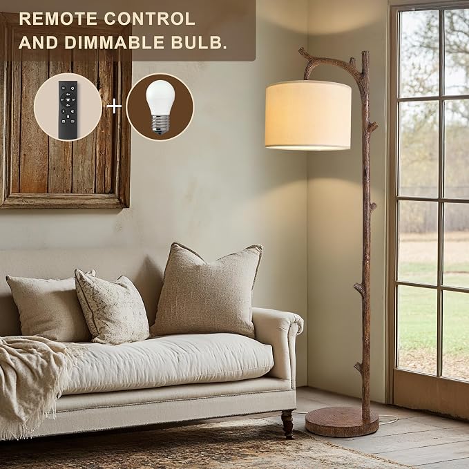 Retro Farmhouse Floor Lamp for Living Room with Remote Rustic Standing Lamps Tree Trunk Deco Modern Country Vintage Wood Floor Lamp（Brown,Bulb Included）