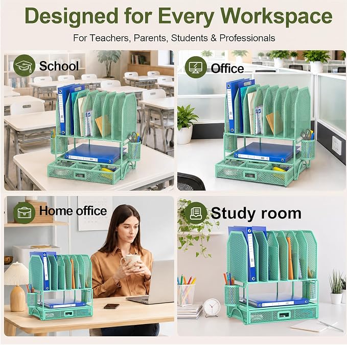 FANXIYQ Metal Desk Organizer with Sliding Drawer, 7-Section File Organizer for Desk, Desktop File Folder & Paper Organizer with 2 Hanging Pen Holders, Office Supplies Organizer, Green