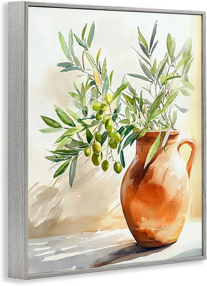 'Olive Branch in Terracotta Vase'| Framed Giclee Art | Stupell Industries | Gray, 16 x 20 Inches, Easy to Hang and Sturdy, Made in USA, by LSR Design Studio